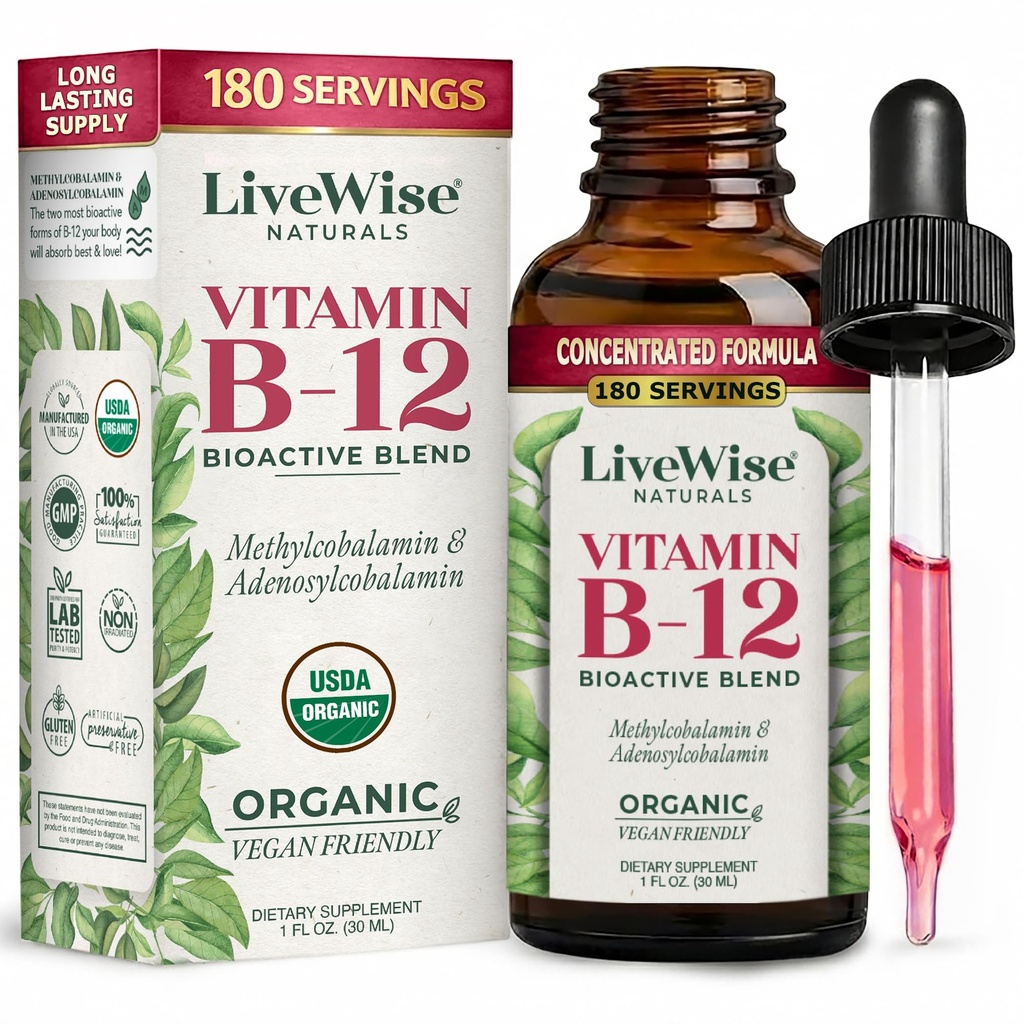 LiveWise Naturals B12 Vitamina scade non-GMO, Bioactive Blend organic pentru energie, Claritate, Focus, și Easy Absorbtion, Adensylcobalamin & Methylcobalamină Supliment, Vegan, Gluten-Free, Dairy-Free