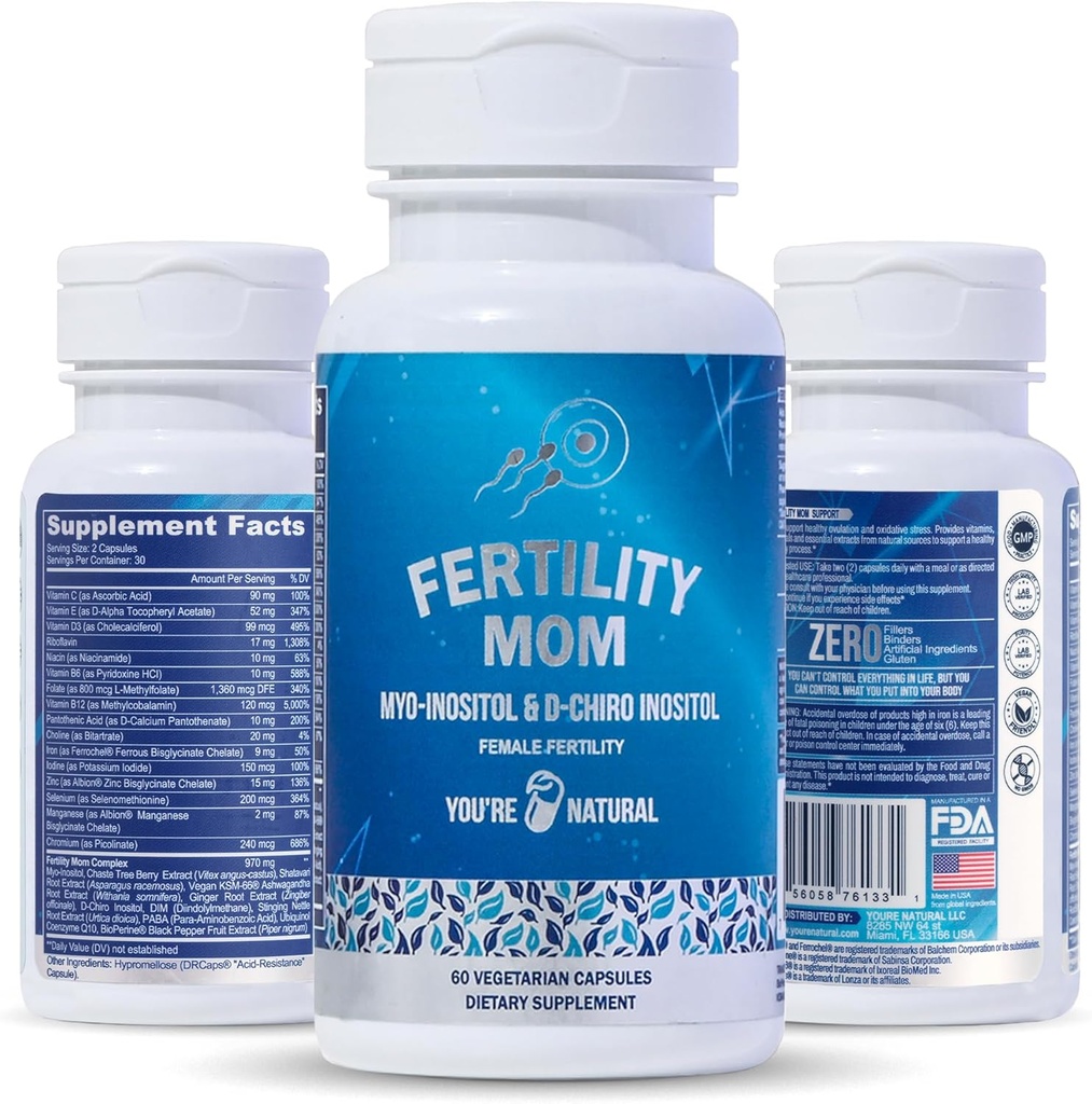 TU EȘTI Natural Conception Vitamine de fertilitate pentru femei - Vitamine prenatale - Myo-Inositol, D-Chiro Inositol & Folat, Regulamente ciclu, Ovulație de ajutor, Suport hormonal și ovarian, Vitex, 30 zile de aprovizionare