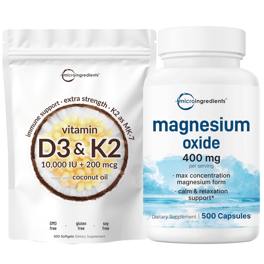 Micro Ingrediente Vitamina D3 10.000iu + K2 200mcg Ulei de cocos Softgels & Oxid de magneziu 400mg Bundle Pack 