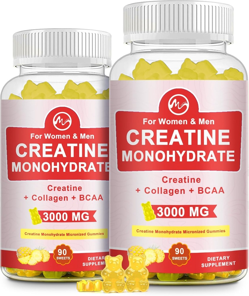 Creatină Gummy, 3g de Creatină Monohidrat pe servire, Creatină fără zahăr Monohidrat Gummy pentru cresterea si puterea musculara cu 0,5g Colagen, 0,2g BCAA, 60 Serviri, Ananas Aroma, 2 Pack