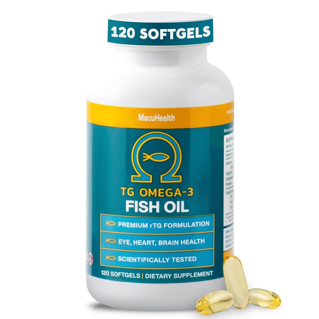 Macuhealth Omega 3 ulei de pește - 1100mg DHA, 1100mg EPA, Eye & Brain Health Supliment, Trigliceride Formula, 120 Softgels