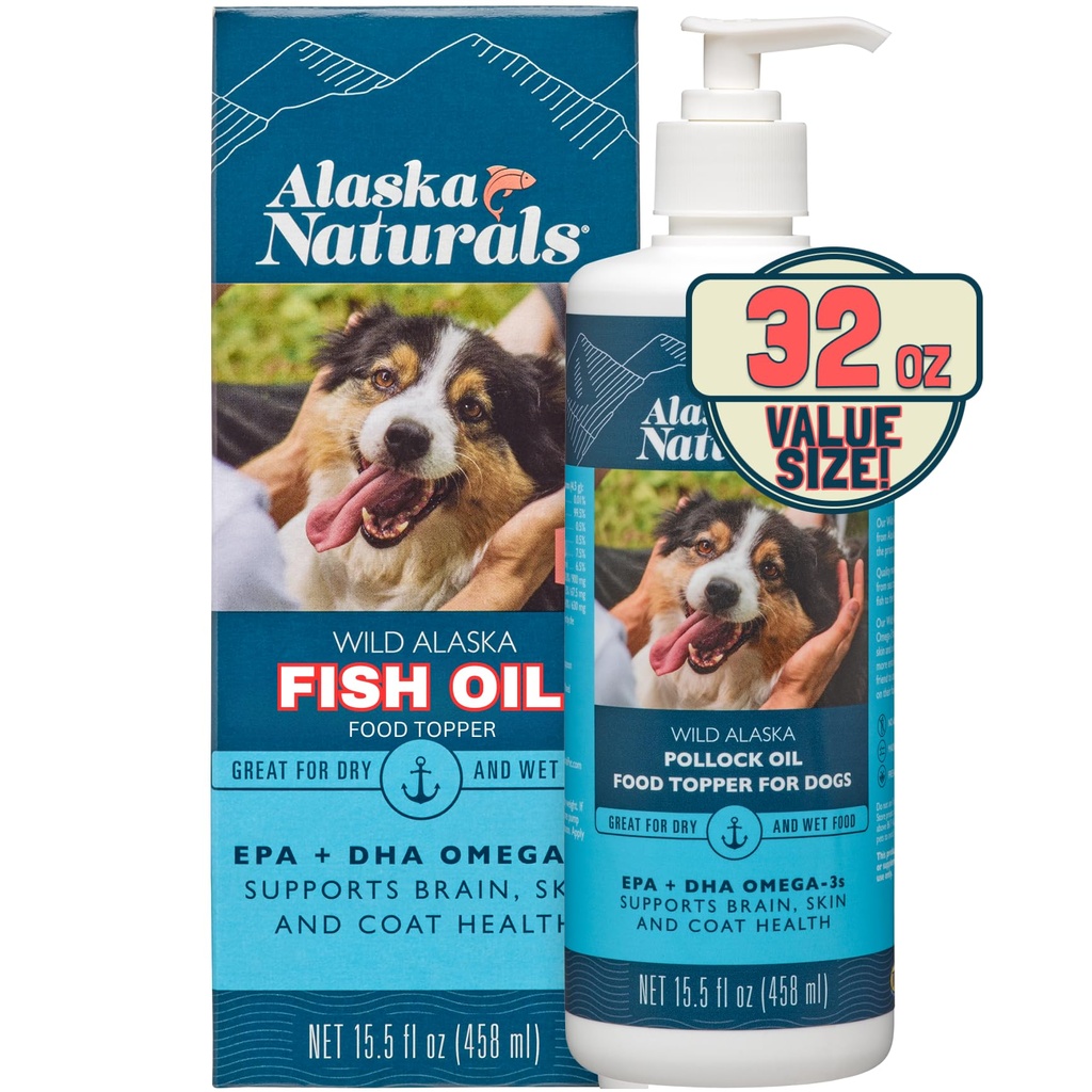 Alaska Naturals Wild Alaskan supliment de ulei de pește pentru câini Piele și haină cu EPA DHA Omega 3 Acidi grași Alimente lichide durabile Topper 32 oz. Pompă