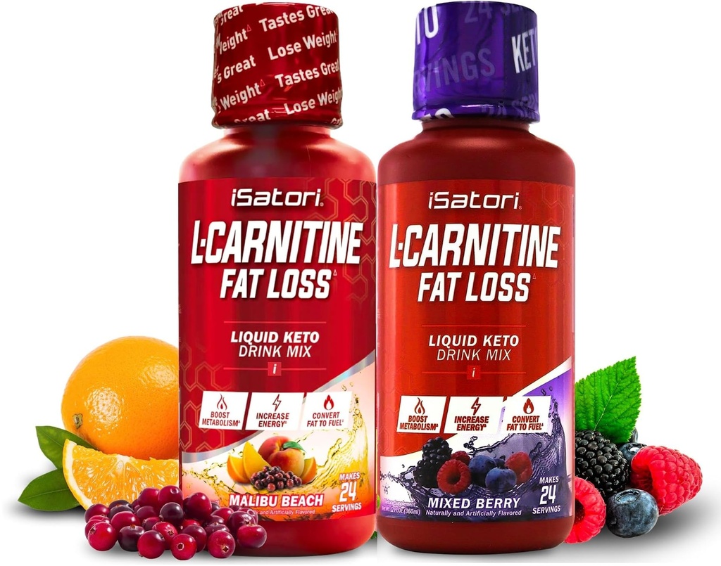 iSatori L-Carnitine 1500, L-Carnitină lichidă cu acetil L-Carnitină, Aroma Berry mixtă (24 Servings) & Malibu Beach Aromă (24 Servings)