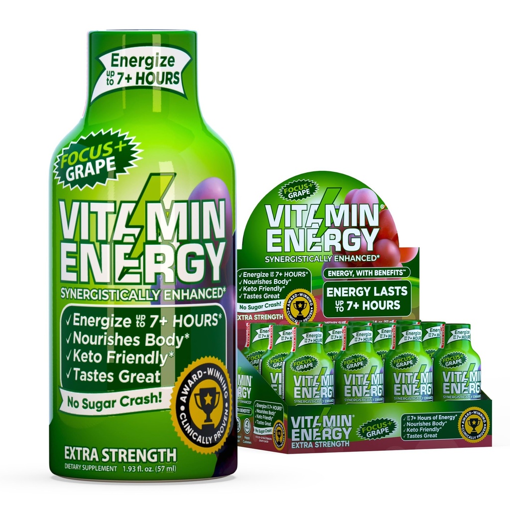 Vitamina Energie Focus+ Extra Putere Energie Shot Struguri 12 Pack, 260 mg Cafeină naturală, B-Vitamina, CoQ10, Amino Acidi, Focus, Productivitate & Clarity, Zero Zahăr, Gluten-Free, 1.93 fl oz