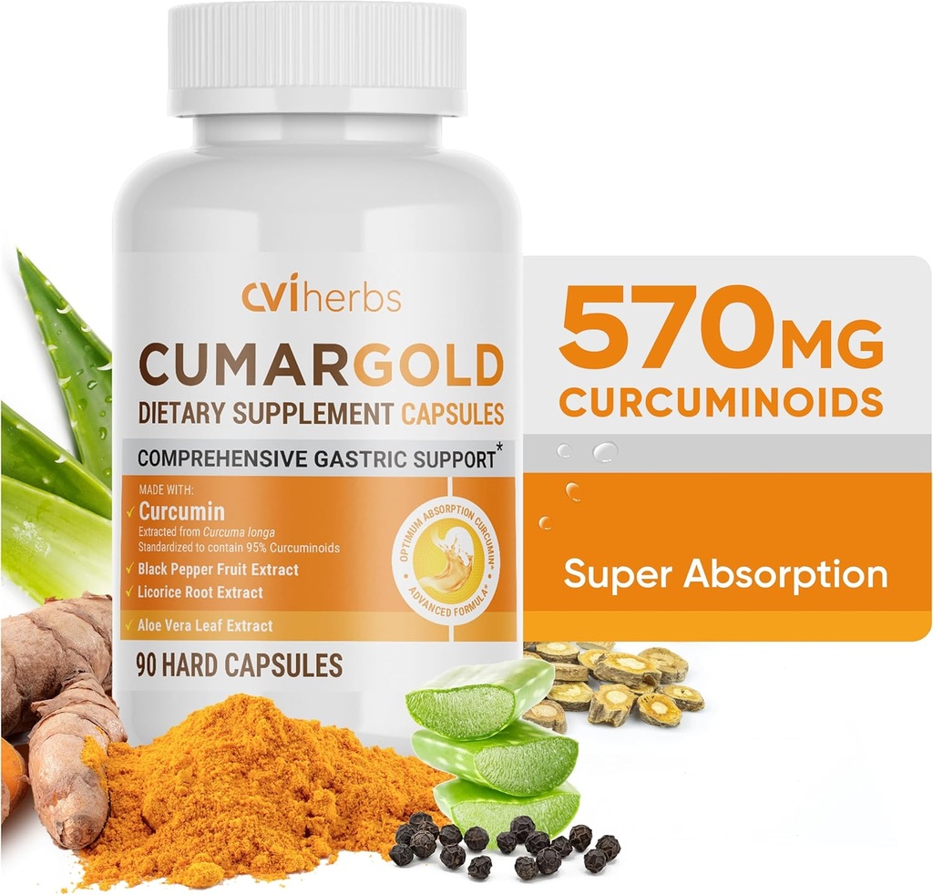 Cumargold 570mg Curcuminoide Curcuminoide Curcumina Turmeric Supliment cu Piperine, Licorice Root & Aloe Vera - capsule naturale de wellness de mare potenta (90 Conte)