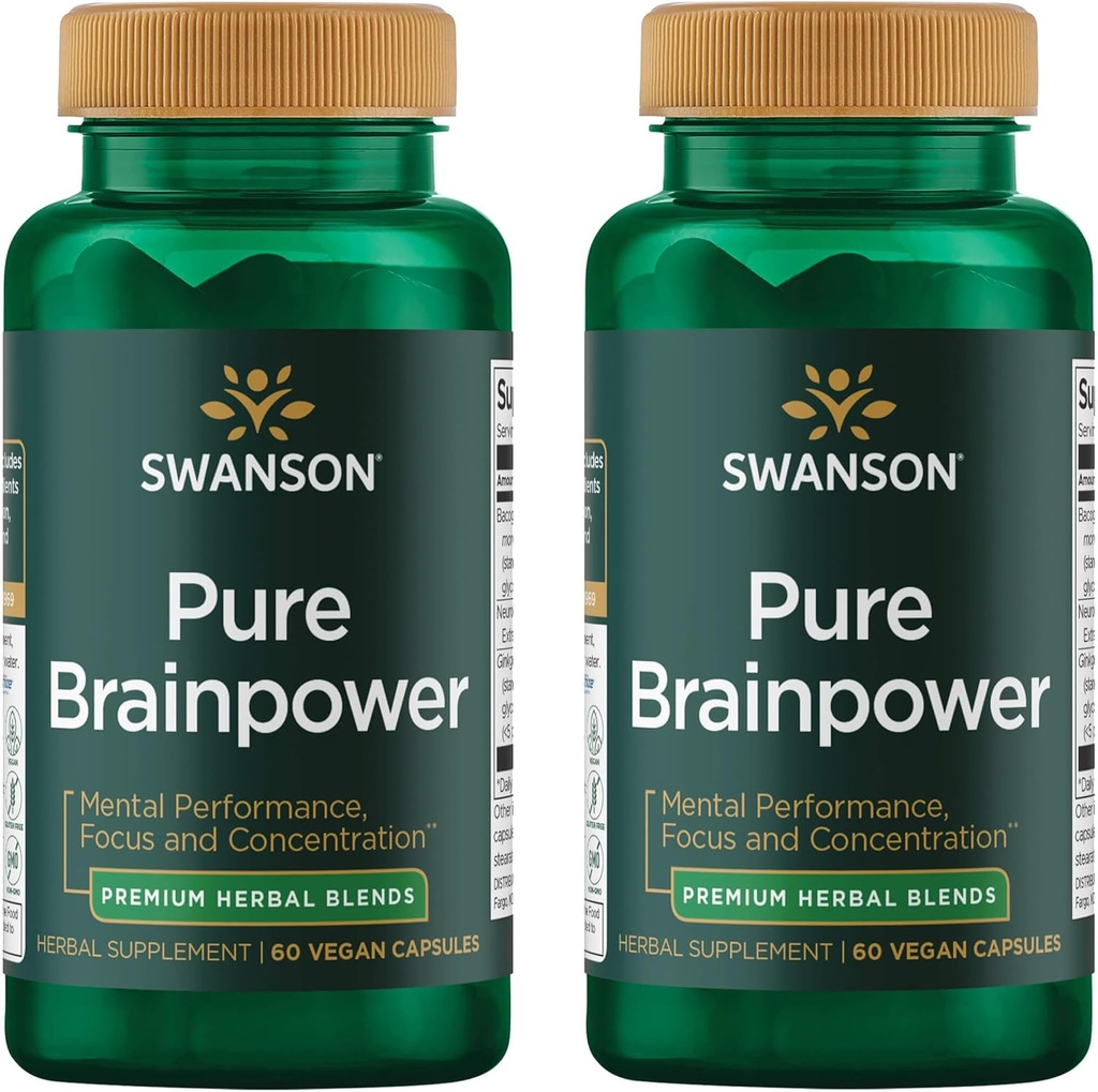 Swanson Pure Brainpower Brain Health Cognitive Memory Focus Support Brain-Derived Neurotrofic Factor (BDNF) Herbal Supplement (Ginkgo Biloba, Bacopa Monnieri) 60 Veggie Capsule (Veg Caps) (2 ambalaj)