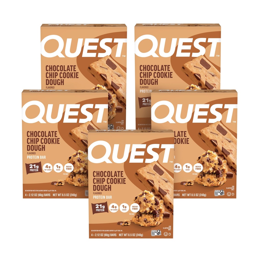 Quest Nutrition Chocolate Chip Cookie Dough - Proteine ridicate, Carb scăzut, Gluten gratuit, Keto Friendly, 2.12 Oz, 20 Conte (4 Pachete de 5)