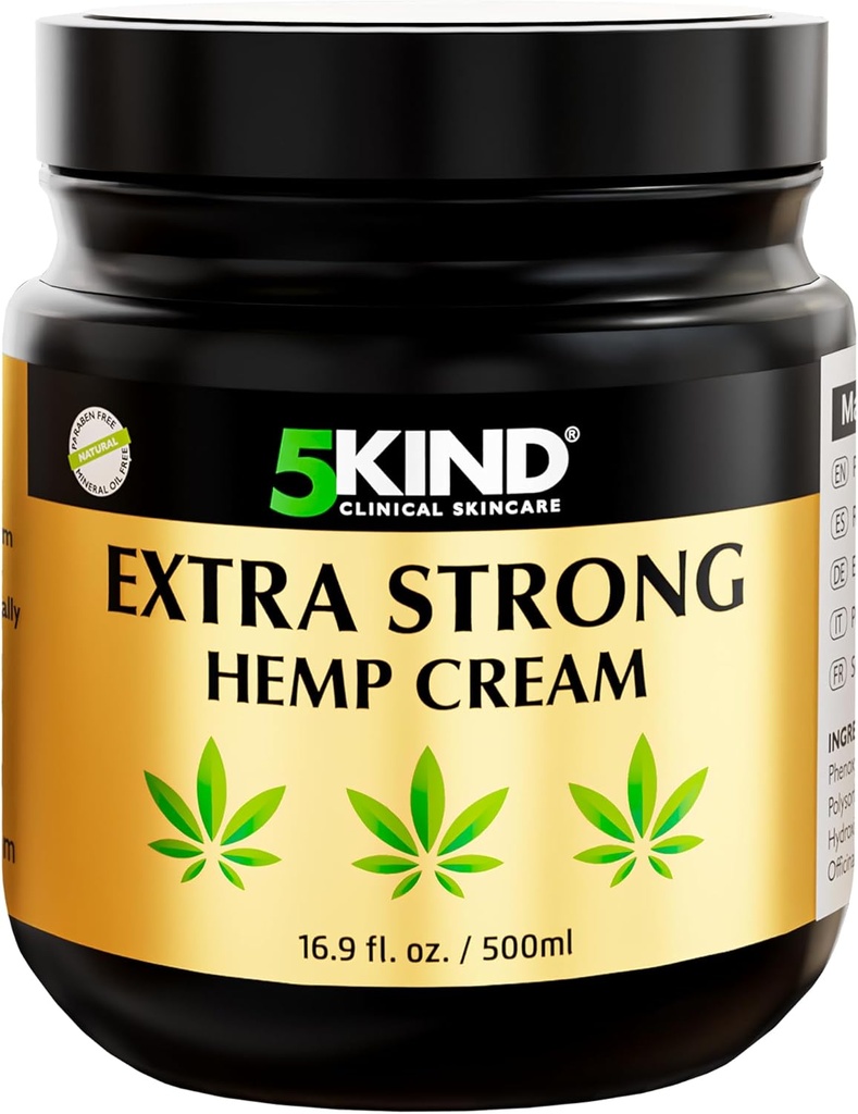5 kind Extra Strong Hemp Cream 16.9 fl oz- Putere maximă - Relief natural soothing - Rub musculare pentru spate jos, articulatii, gat, genunchi & umeri - Putere maximă Crema Hemp