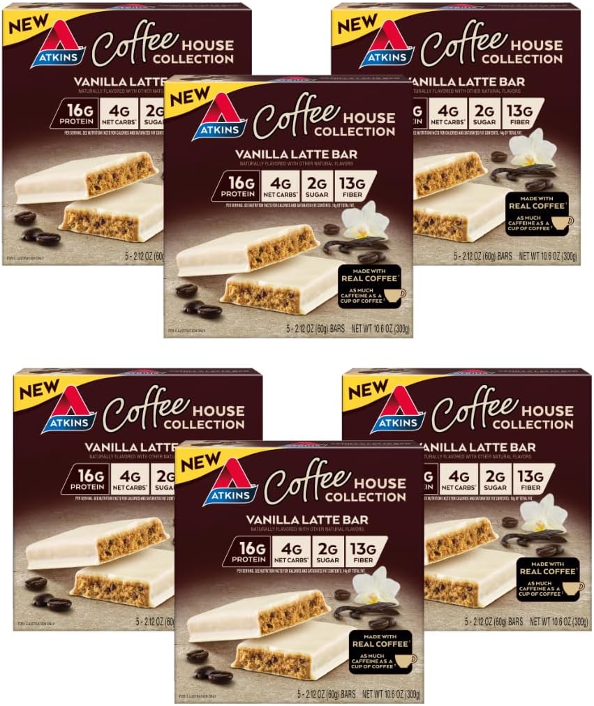 Atkins Coffee House Meal Bar, Vanilla Latte, 16g Proteine, 4g Net carbohidrati, 2g Zahăr, 13g Fiber, Made with Real Coffee, 5 Count (Pachet de 6)