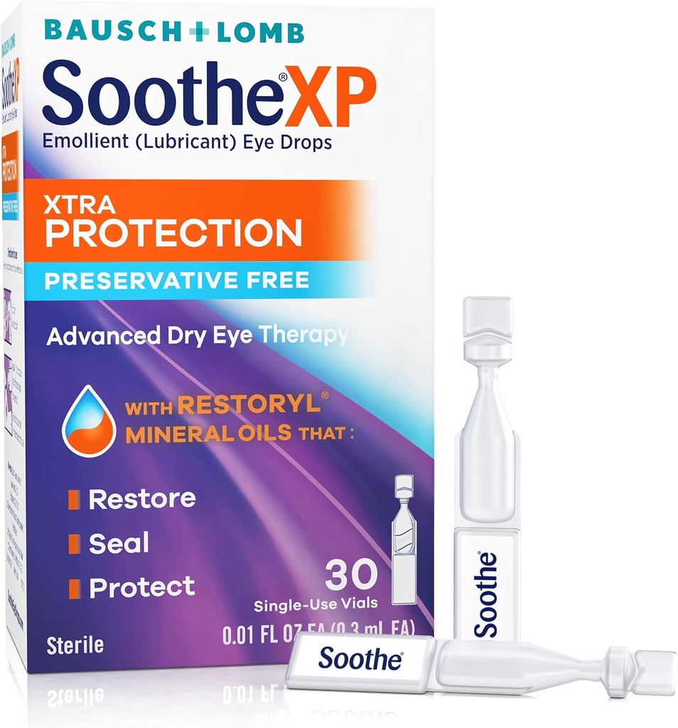 Soothe XP picături de ochi gratuite conservative, Xtra protecție picături de ochi lubrifiere pentru ochi uscaţi, Relieves Iritație și protejează împotriva pierderii lacrimilor, Terapie avansata ochi uscat, flacoane de unică utilizare, 30 Conte