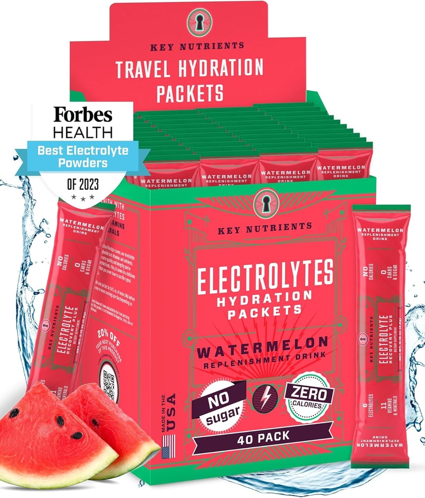 NUTRIENTI Electroliţi Pachete cu pulbere - Pachete de hidratare a pepenelor de pepene 40 - Pulbere de hidratare pentru călătorii - Made in USA - No Sugar, No Calories, Gluten Free