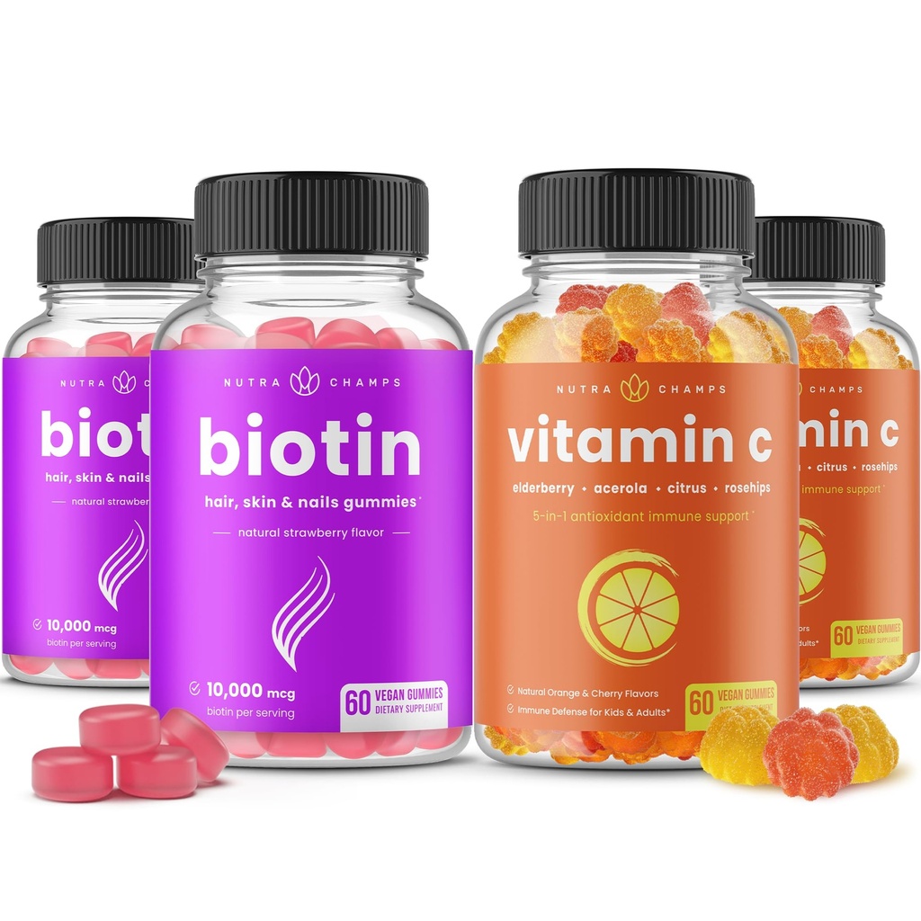 NutraChamps Biotin Gummies (2 ambalaj) și vitamina C Gumies (2 ambalaj)