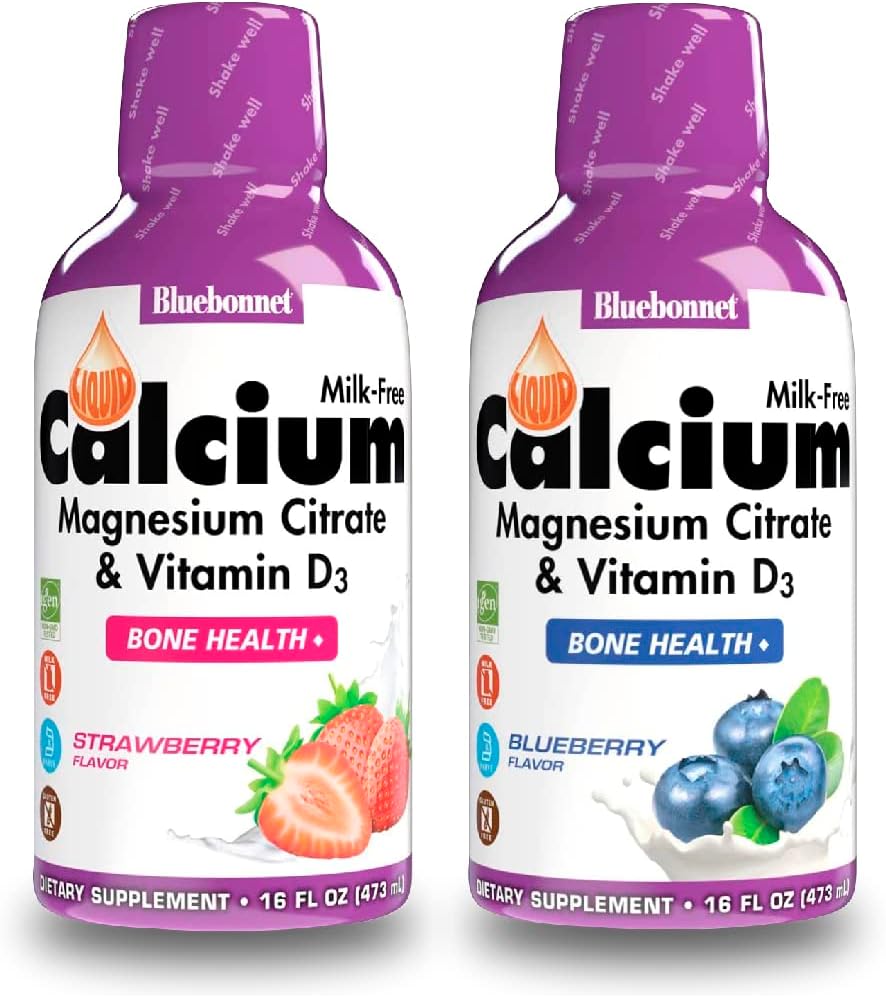 Bluebonnet Nutriție Citrat de calciu lichid Citrat de magneziu Citrat, vitamina D3- Bundle de aromă de afine și aromă de căpșuni, 2 flacon de 16 Fl Oz Each (32 Fl Oz Total)