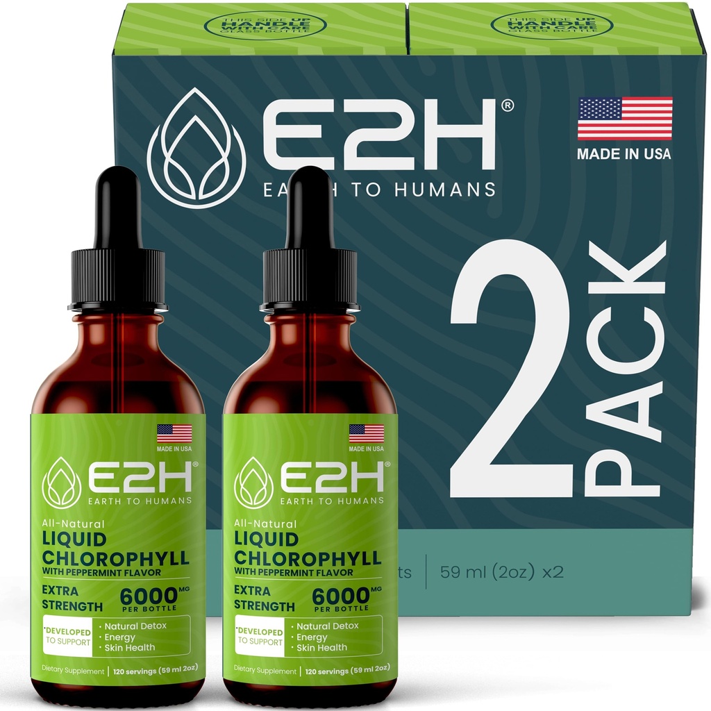 E2H Clorofile picături lichide - Booster de energie naturală, suport sistem imunitar și deodorant intern - Aromă de mentă - (2 sticle)