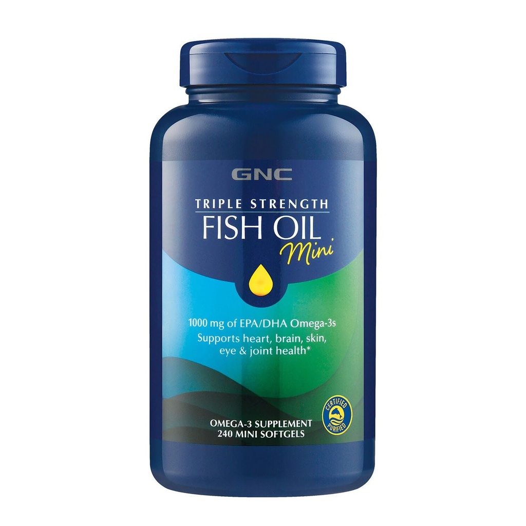 GNC Triple Putere Ulei de pește Mini Omega 3 Supliment, 1000mg EPA și DHA, Sprijină Inima, Creier, Piele, Ochi și Sănătate Comună, 240 Mini Softgels