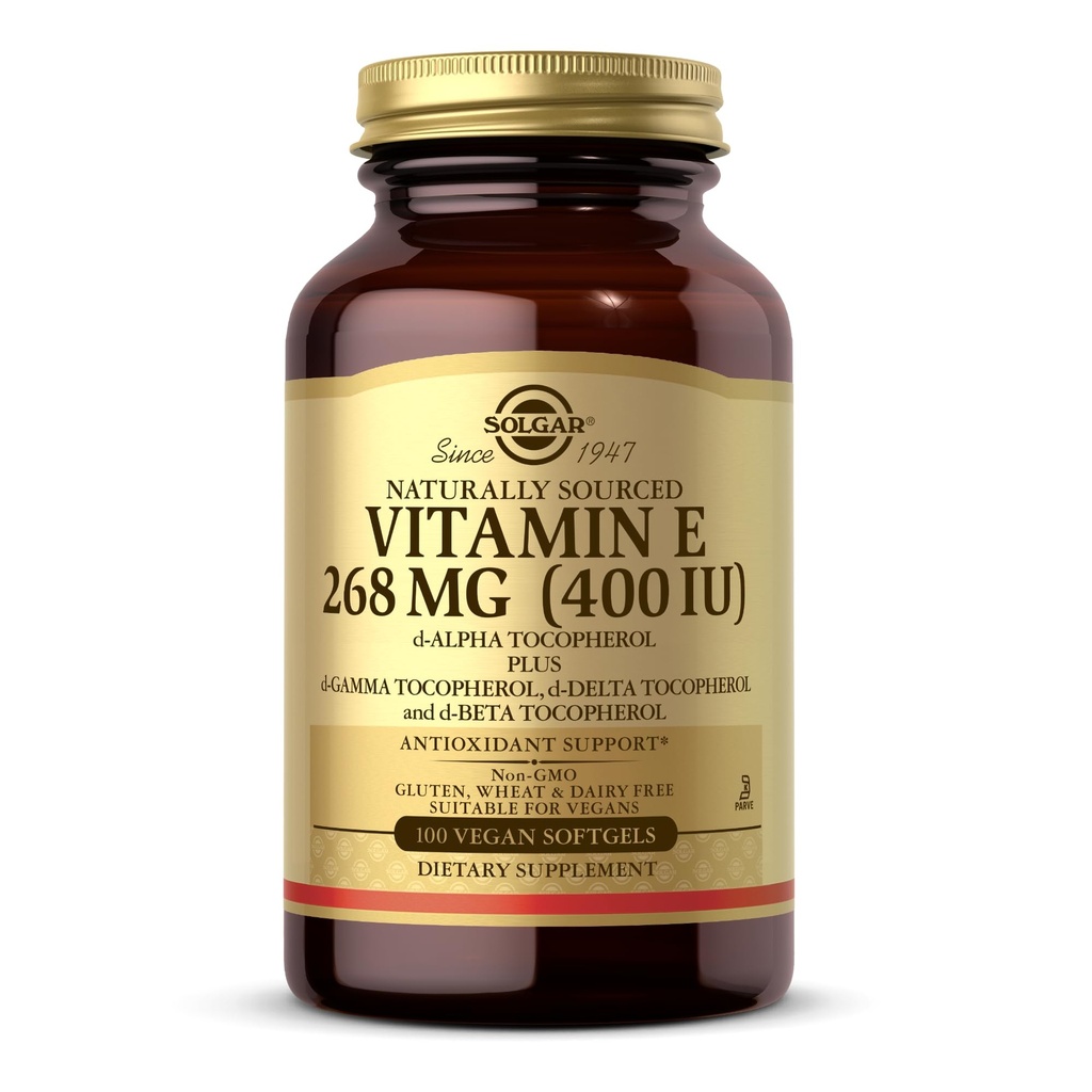 Solgar Vitamina E 268 mg (400 UI) - 100 Vegan Softgels - Natural Soursed - Non-GMO, Gluten Free - 100 Servings