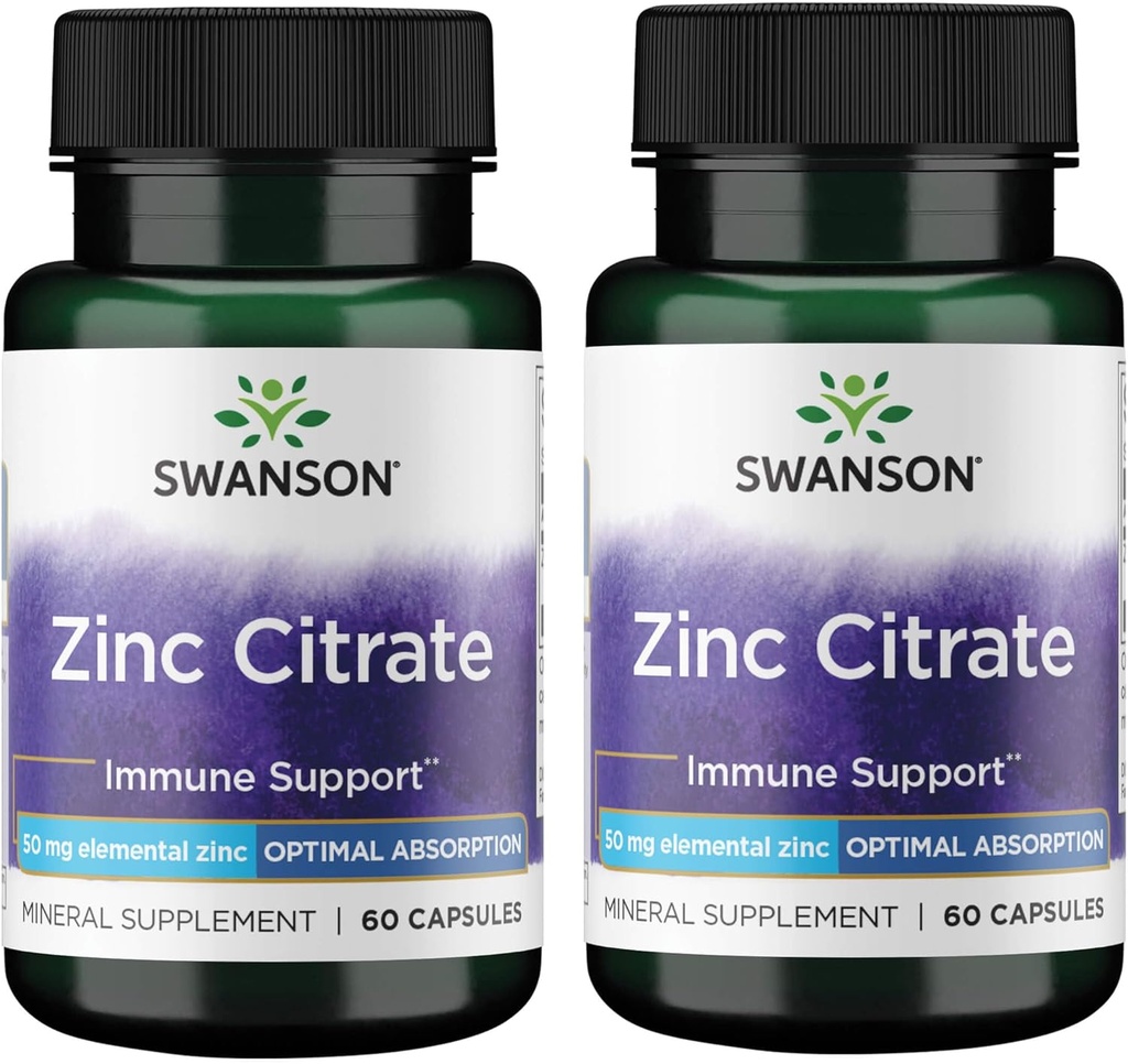 Citrat de zinc Swanson - Suplimentul mineral de promovare Viziune sănătoasă și sistemul imunitar Sănătate - Formula naturală de susținere a wellness generală - (60 capsule, 50 mg fiecare) (2 ambalaj)