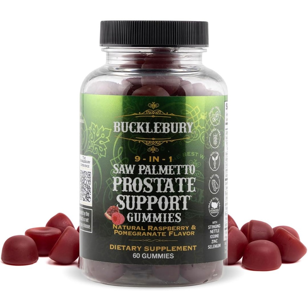 BUCKLEBURY 9-in-1 naturale Saw Palmetto Gummies cu zmeură și rodie aroma - plante-Base de suport prostata Suplimente pentru Mens Bladder Health, păr de creștere și de sprijin urinar - 60 Gummies