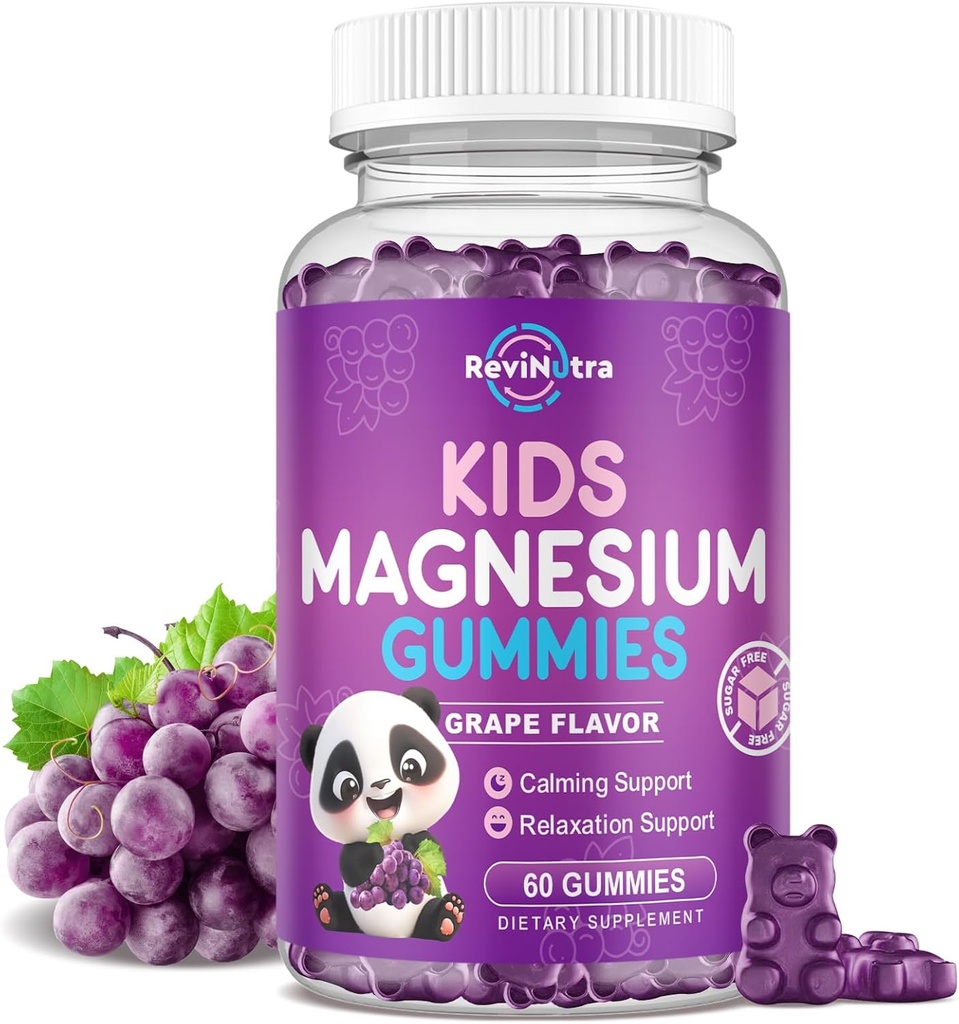 Gume de magneziu pentru copii, gume de citrat de magneziu fără zahăr, Gume de magneziu de mare Tasting calm de magneziu pentru adulți și copii, somn de sprijin, Sănătate osoasă și musculară, Relaxare nervoasă, 60 Gume de struguri