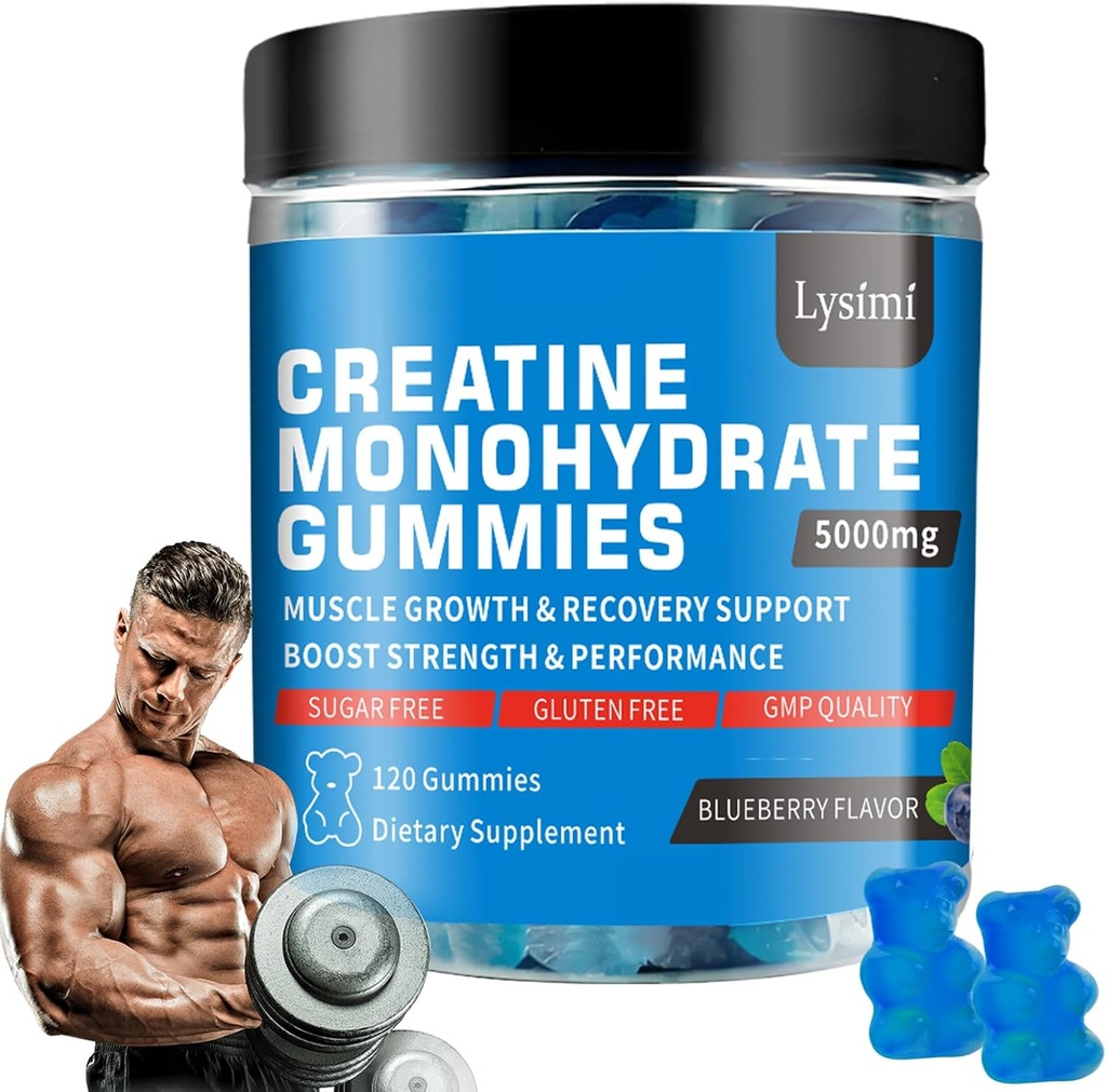 Creatine Monohidrat Gumries - 5g de Creatine Monohidrat per Serving- Creșterea forței și de a construi musculare, Sugar Free, Vegan, Aroma de afine, Fiecare flacon/120 capsule, pentru bărbați și femei (1)