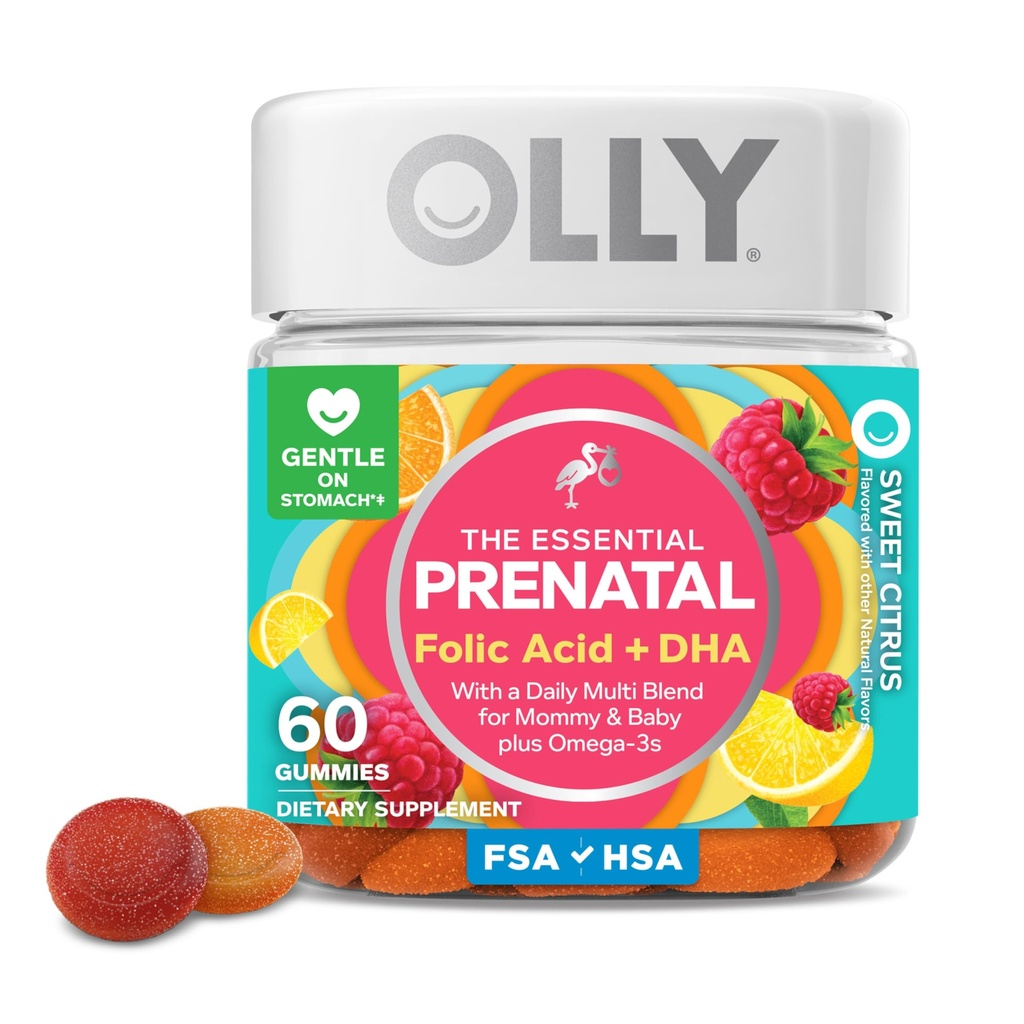 OLLY Prenatal Multivitamine Gummy, Sustine cresterea sanatoasa si dezvoltarea creierului, Acid folic, Vitamina D, Omega 3 DHA, Supliment masticabil, Citrus Berry Aroma, 30 zile de aprovizionare - 60 Conte