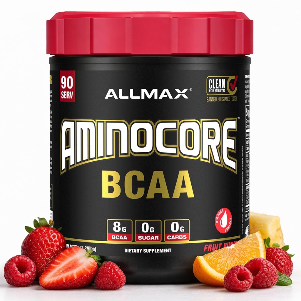 ALLMAX Nutritie AMINOCORE BCAA, Punch de fructe - 945 g pulbere - 8.18 Grams de lant ramificat Amin Acidi per servire - cu vitamine B - Nu Fillers sau non-BCAA Aminos - Sugar Free - 90 Serviri