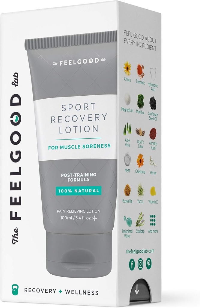 Lotiune de recuperare Sport de Feel Good Lab - 100% Ingrediente naturale, curate - Recuperare de dureri musculare post-workout (3.4oz, 1 Conte)