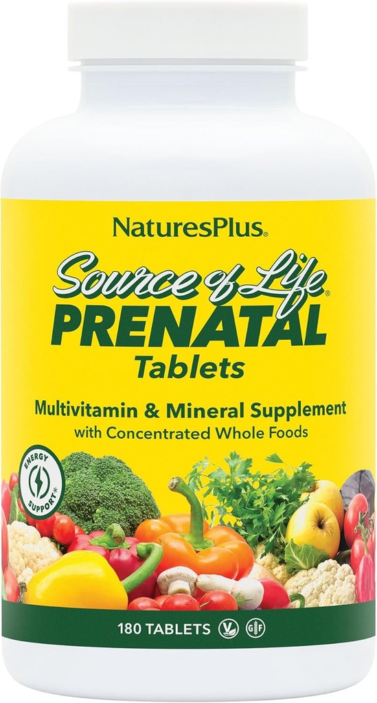 Natures Plus Source of Life Prenatal - 800 mcg Folate, 180 Vegetarian Tablets - All Natural Prenatal Vitamin & Minerals with Iron & Calcium - Optimal Health & Energy - Gluten-Free - 90 Servings