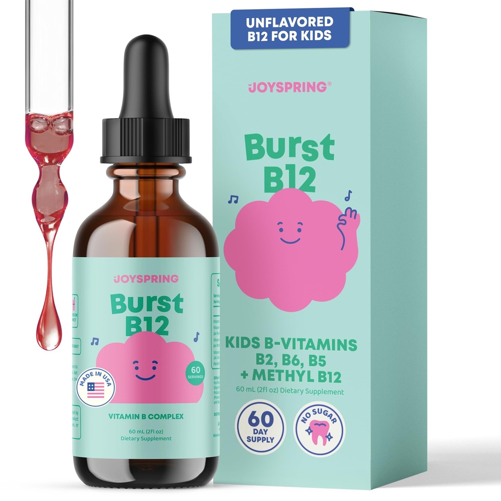 JoySpring B12 Drops - Complex de vitamina B pentru copii (2 fl oz) B2, B6, B5 + Methylcobalamin B12 Copii Supliment pentru a sprijini creșterea și dezvoltarea sănătoasă, Vegan B12, Vârstele 2-16+ 60 Servings