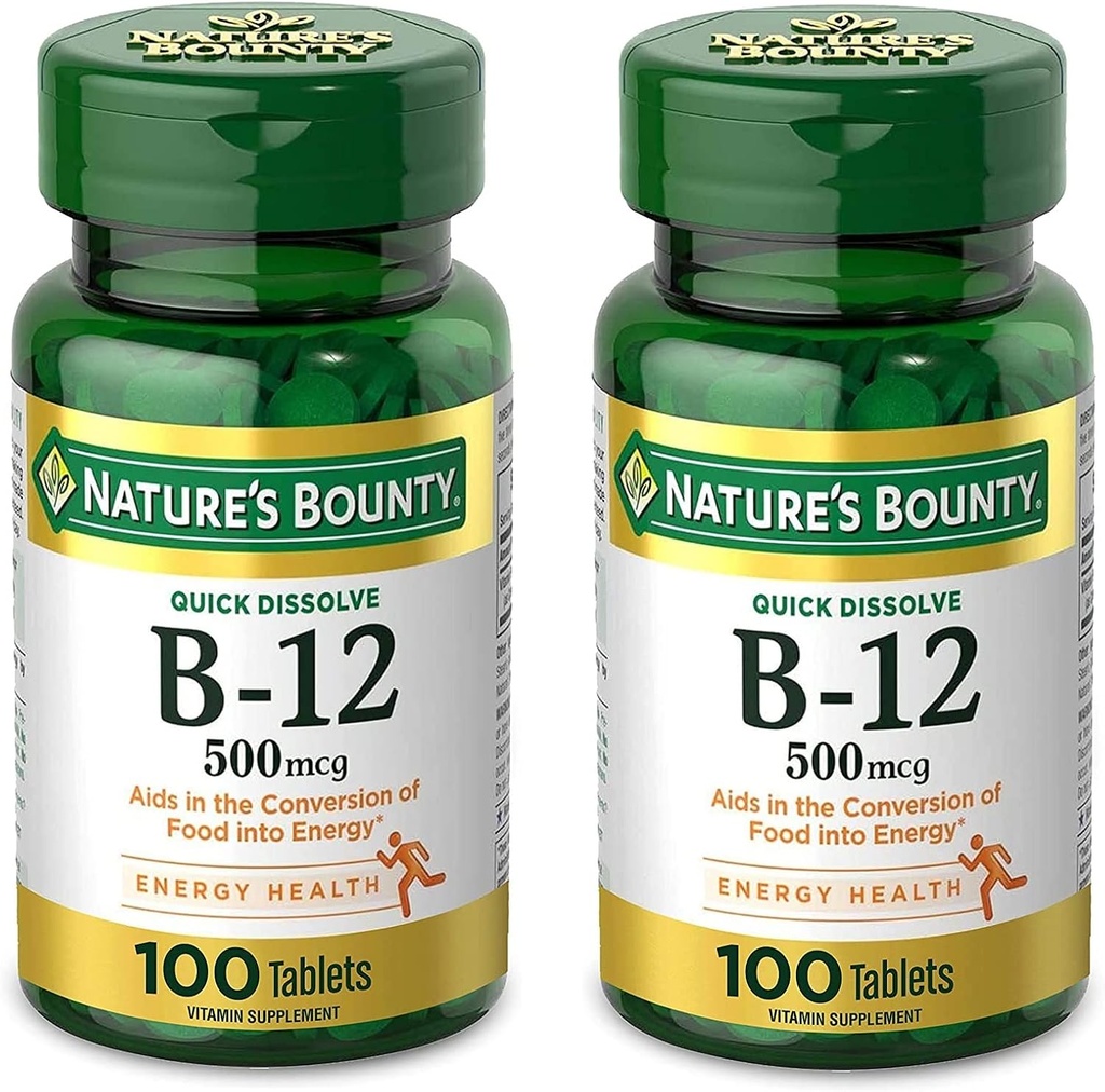 Vitamina B12 de bounty a naturii, susţine metabolismul energetic şi sănătatea sistemului nervos, 500mcg, comprimate, 100 Ct (pachet de 2)