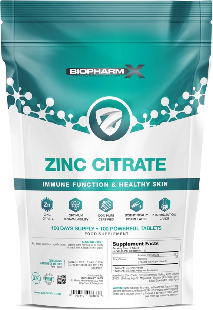 Citrat de zinc (100% Pur Certified / Putere maximă 50 mg comprimate x 100 (1 pe zi)
