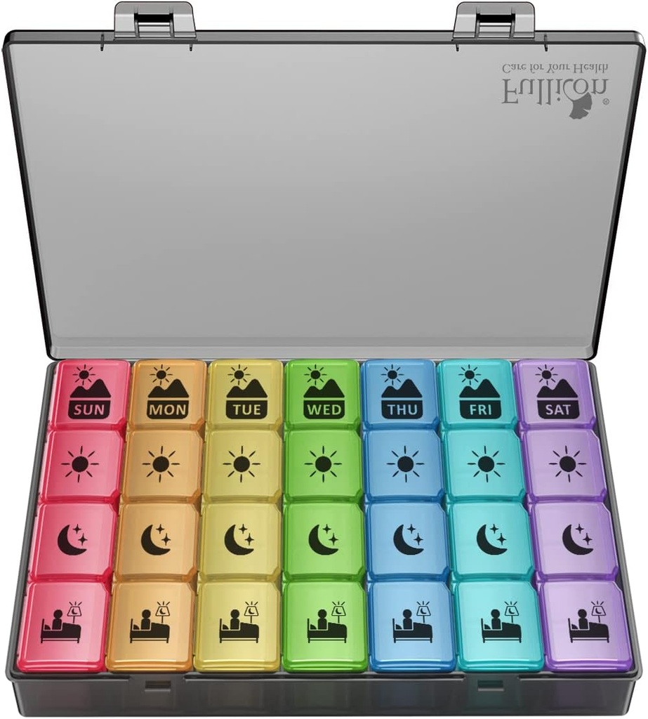 Extra Large Weekly Pill Organizator de 4 ori pe zi, Fullicon XXL cutie mare pilula, 7 zile Medicina Organizator, caz de pastile negre pentru vitamina / ulei de pește / suplimente