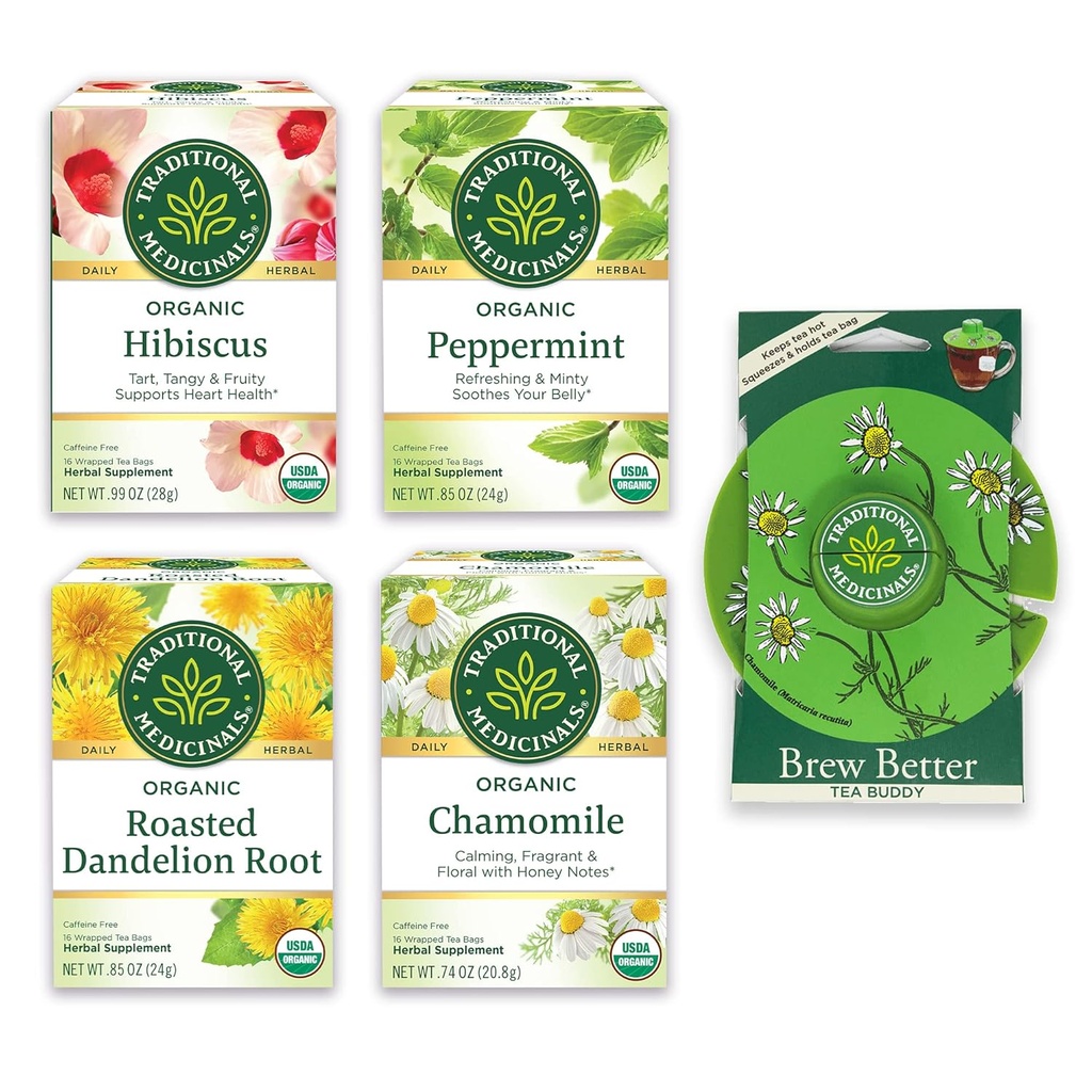 Medicamente tradiționale, Variety Pack organic pentru Wellness în patru arome soothing, Include mentă, Mușețel, Hibiscus, Root Dandelion prăjit, Ceai Buddy, 64 Ceai Bags, (4 Pack)