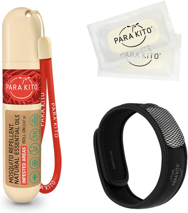 PARA'KITO Mosquito repelent Bundle, 1 Mosquito repelent brățară, 1 Roll-on Gel, Bug repelent brățară, Wearable Mosquito Repelent Devices, Black