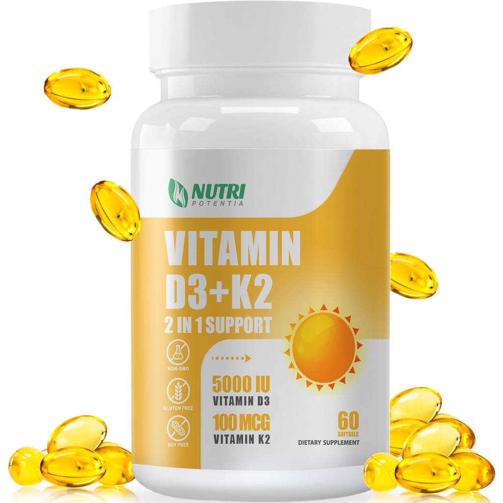 Vitamina D3 K2 cu ulei MCT, vitamina D3 5000 UI și K2 100mcg, Formula 2 din 1 pentru sănătatea oaselor și a inimii, Gluten gratuit - 60 Softgels conte