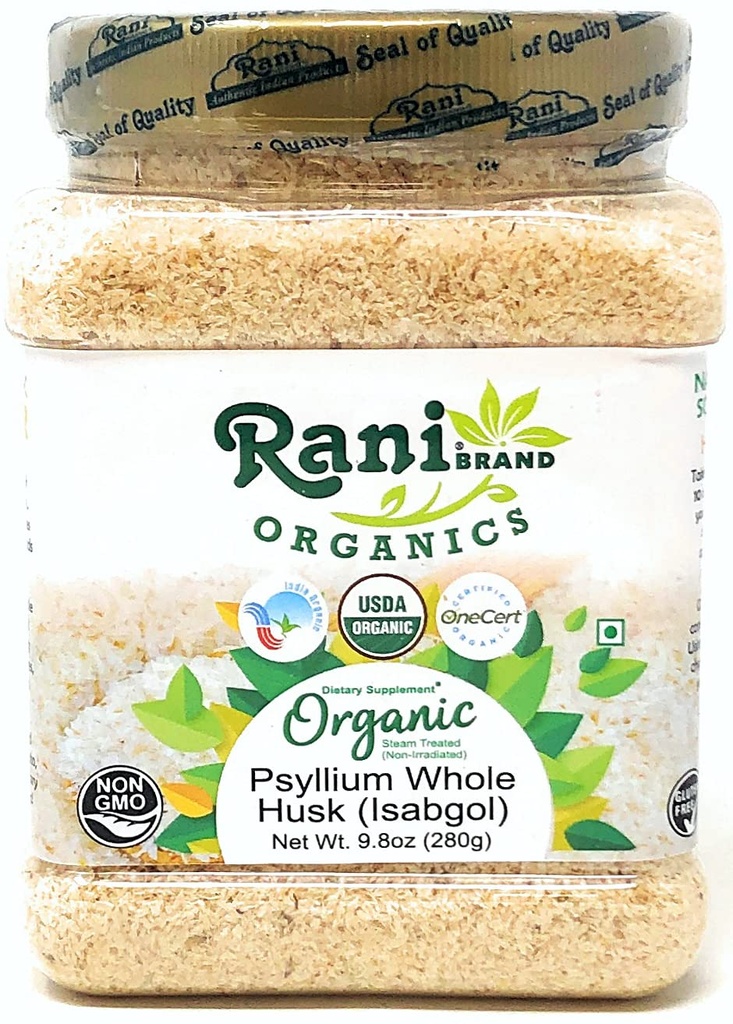 Rani Organics Psyllium Whole Husk Powder (Isabgol), Dietery Fiber Supplement, USDA Organic 9,8oz (280g) PET Jar ~ Toate naturale 