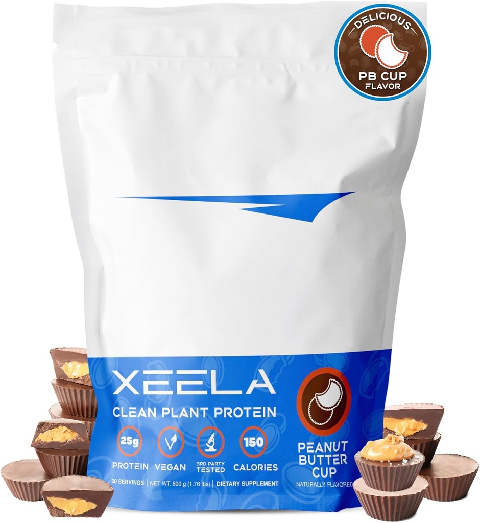 XEELA pe bază de plante praf de proteine Vegan - independent testat - 25g proteine ridicate, proteine de mazăre pentru bărbați și femei - vitamine și minerale, non OMG, lactate și gluten gratuit, LowCarb & LowFat (Cupa Butter Peanut)