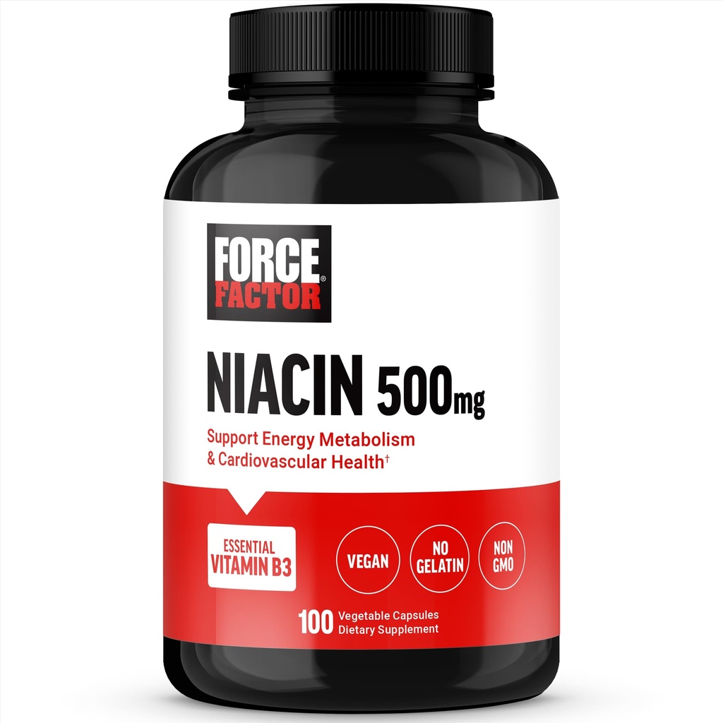 Force FACTOR Niacin Vitamina B3 pentru a sprijini energia celulara si sanatatea cardiovasculara, Niacin 500 mg inima-sanatate Supliment, Vegan, No Gelatină, Non-GMO, 100 capsule vegetale