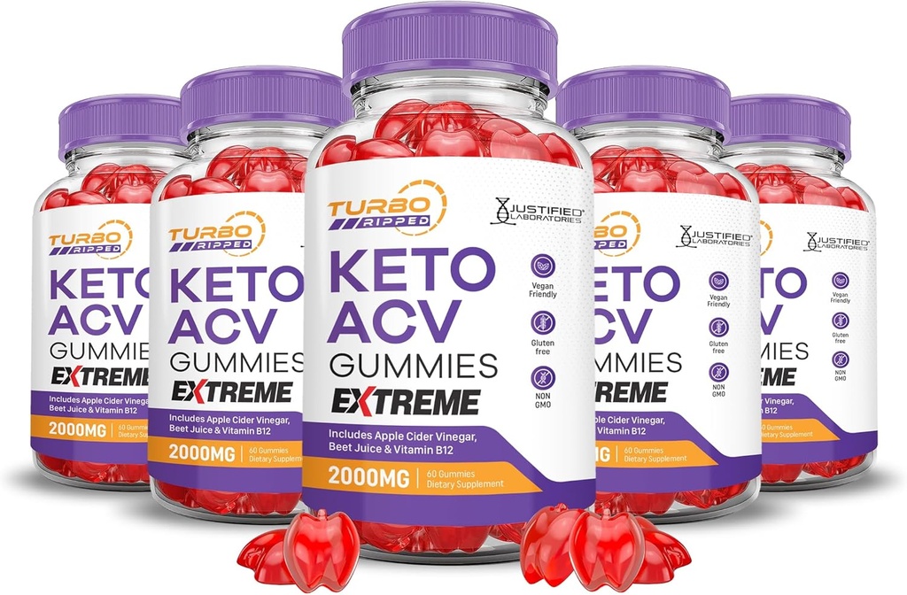 (5 Pack) Turbo Ripped Keto ACV Gummies Extreme 2000MG Turbo Ripped Keto Gummies Apple Cidru Oţet Formulat cu Pudră de sfeclă de rodie B12 Vegan Non OMG 300 Gummys