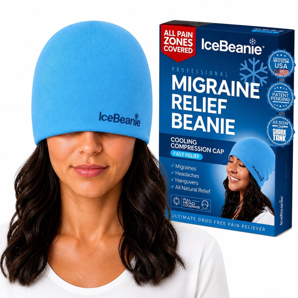 IceBeanie Migrene Relief Cap, Așa cum a fost văzut pe rezervor de rechin, Soft & Stretchy Gel Tensiune Cap de ajutor pentru cap, Racire extinsă Hat de gheață, Cap Odorless Wrap Ice Pack Wrap, Migrene Mask