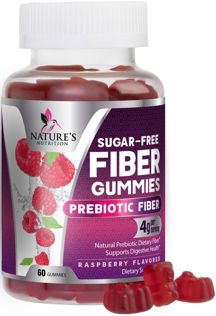 Prebiotic Fiber Gumries 4g - Sugar gratuit Gummy Fiber Supliment pentru adulti Digestive Health & Suport Regularitate - Aroma de zmeura naturala, Blend pe bază de plante, non-GMO & Gluten gratuit - 60 Gume