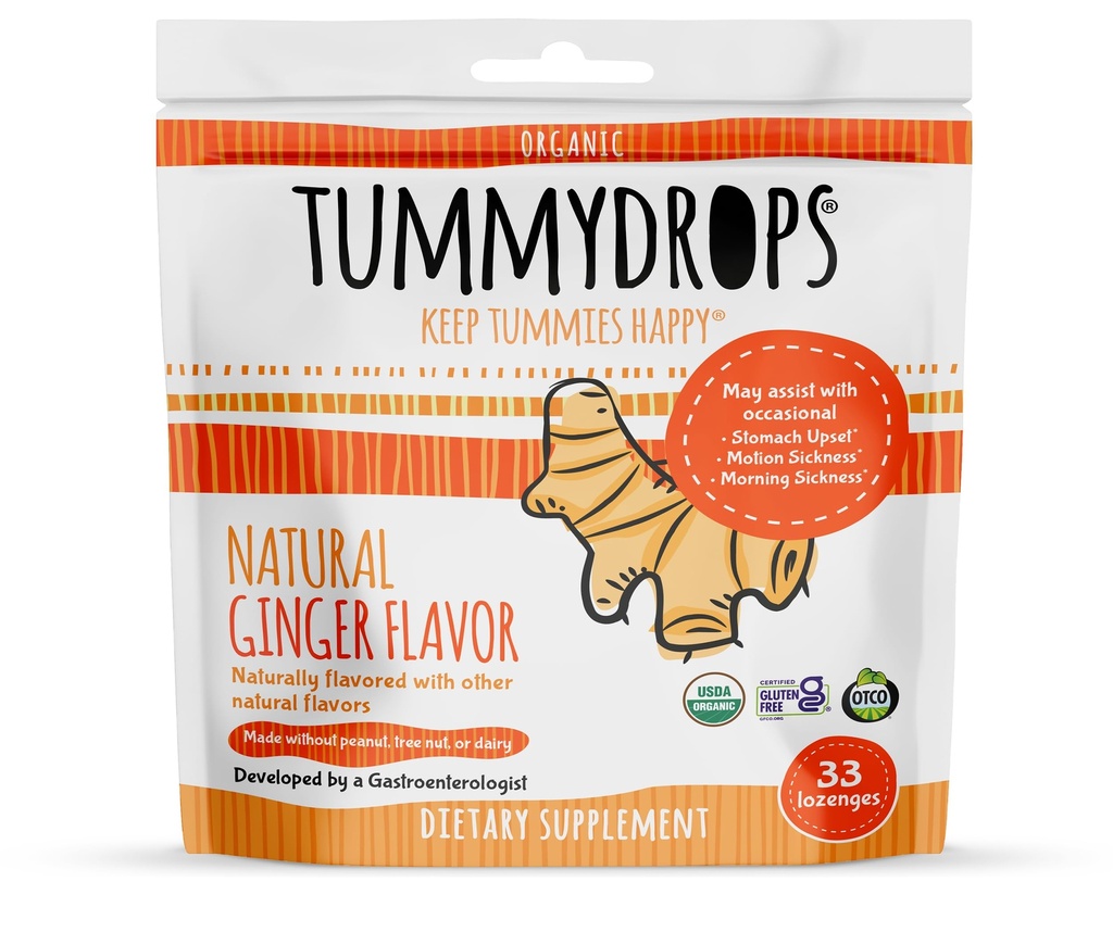 USDA Organic Ginger Tummeldrops naturale, Gluten Free & Vegan, 33 picături individuale înfășurate într-o pungă recuperabilă
