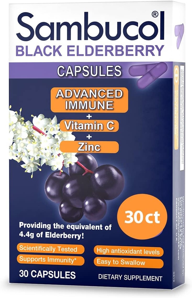 Sambucol Black Elderberry Capsule - Advanced Imune, Vitamina C și Zinc, Elderberry capsule, Immune Supplement, Black Elderberry Suplimente, Gluten gratuit, ușor de înghițit capsule - 30 Conte
