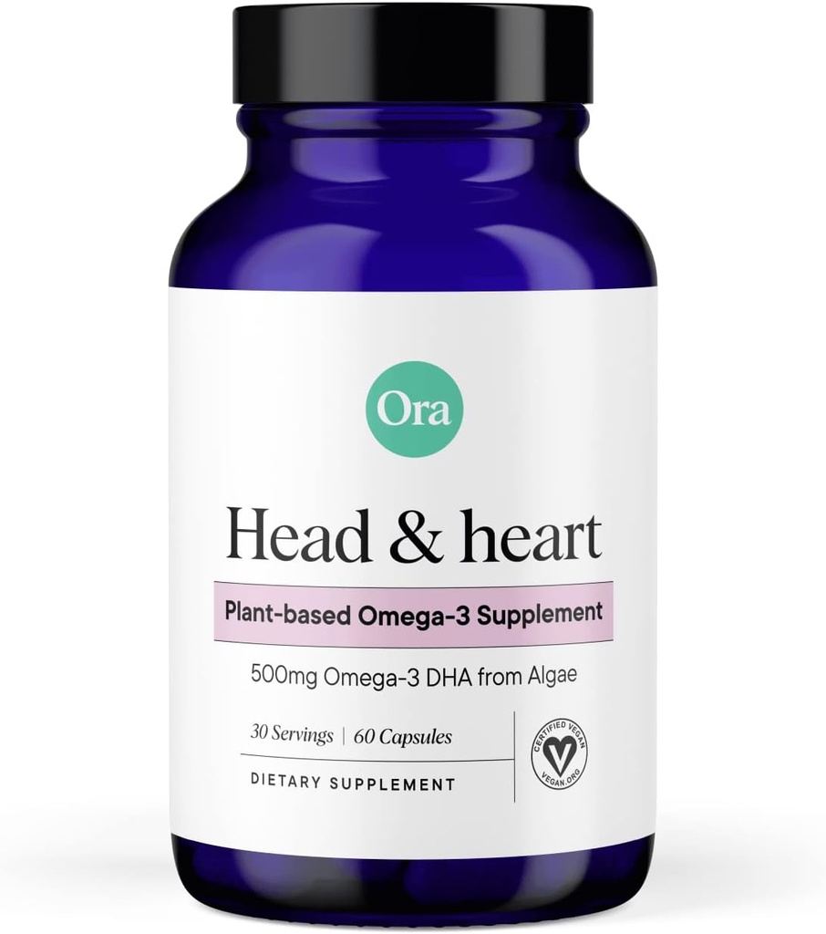 Ora Organic Vegan Omega 3 Supplement - 500mg DHA for Brain, Eye, and Heart Health - Made from Sustainable Algae - 60 Capsules
