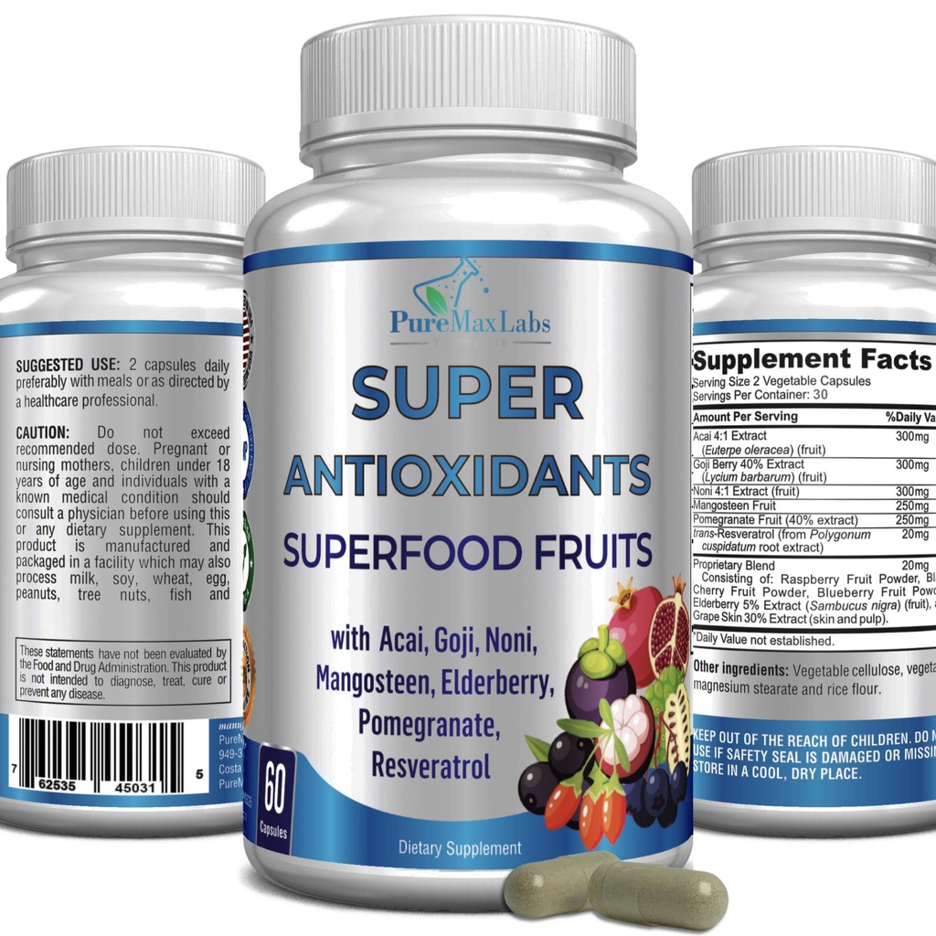 Super Antioxidant Fruit Superfood Complex - Powerful Antioxidant Superfructe, Acai, Goji, Noni, Mangosteen, rodii, Elderberry, Resveratrol, Immune Support, Skin Care - 60 Capsule