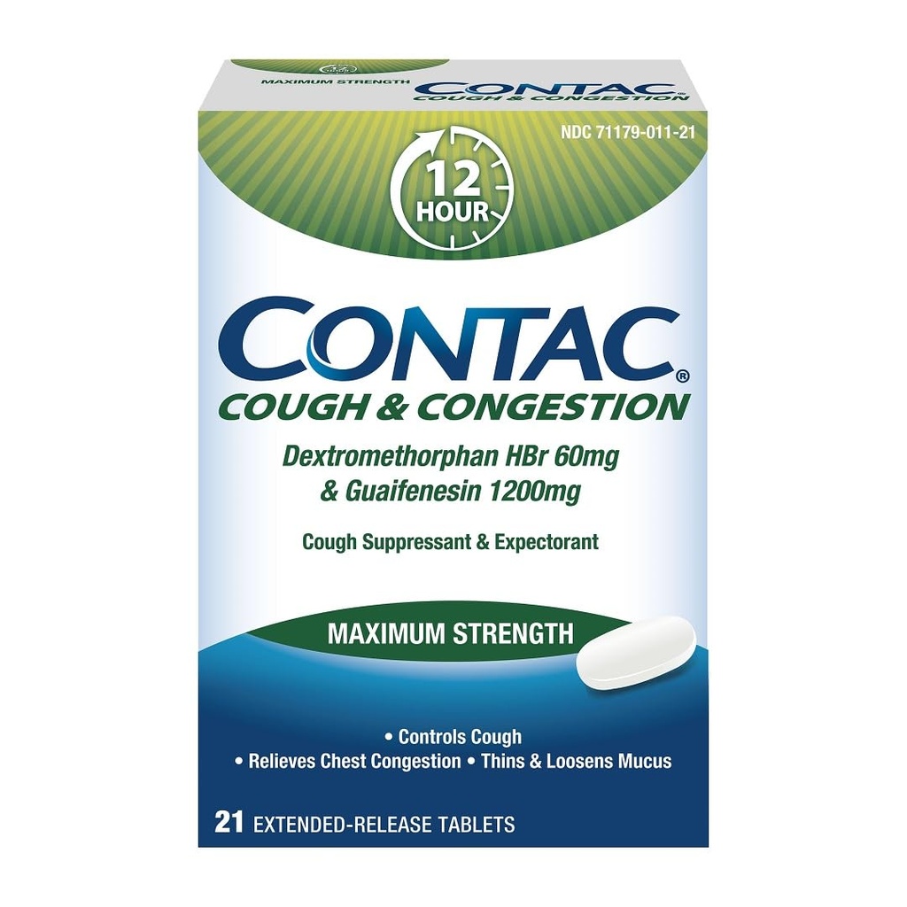 Contac Tuse & Congestie Putere maximă Controle Tuse, Thins și Loosens Mucus, Guaifensin & Dextrometorfan HBR, Extended Release Tablets, 21 Count