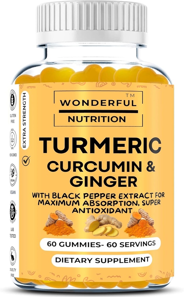 Ridicați-vă Wellness Journey Turmeric, Curcumin, și Ginger Gummies: Un supliment de super-aliment bogat cu extract de piper negru - 60 Gume