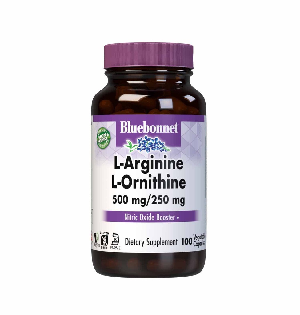 Bluebonnet Nutriţie L-Arginină 500mg/L-Orinitină 250mg, Susţine Proteine Metabolism*, Soy-Free, Gluten-Free, non-GMO, Kosher Certified, Vegan, 100 Capsule vegetale