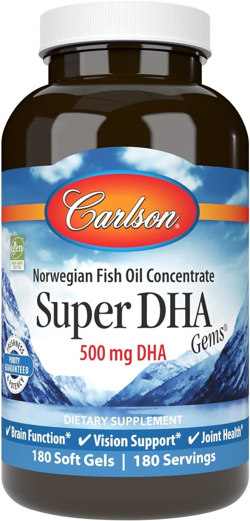 Carlson - Super DHA Gems, 500 mg Suplimente DHA, 640 mg Acid gras, Norvegian sălbatic-a prins Omega 3 supliment de ulei de pește, Sustenabil surse capsule de ulei de pește, 180 Softgels