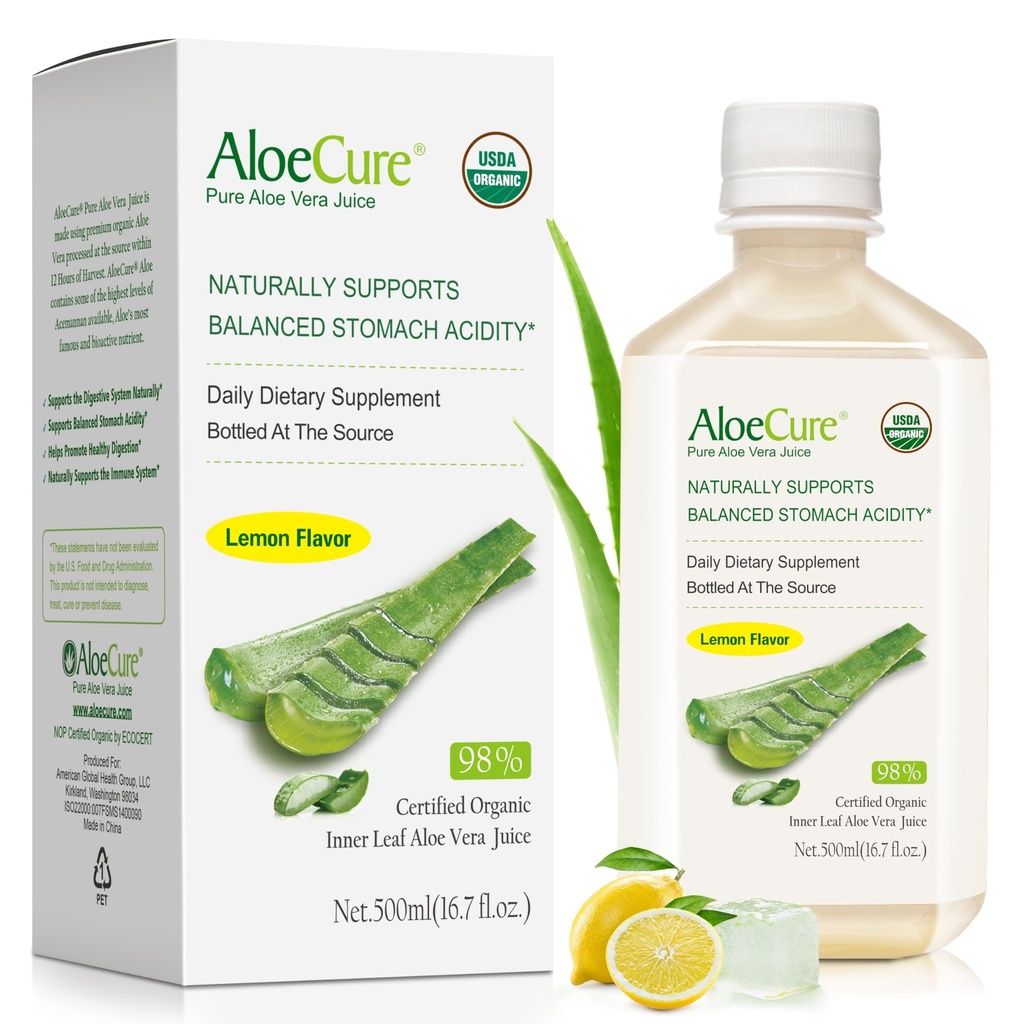 AloeCure USDA Organic Aloe Vera Juice Lemon Aroma - Produs în termen de 12 ore de la recoltare - Suplimentul Digestiv Natural pentru Aciditatea Stomacului Echilibrat - Sprijin Digestiv și Sănătate Imunală - 1 Btl x 16.7oz